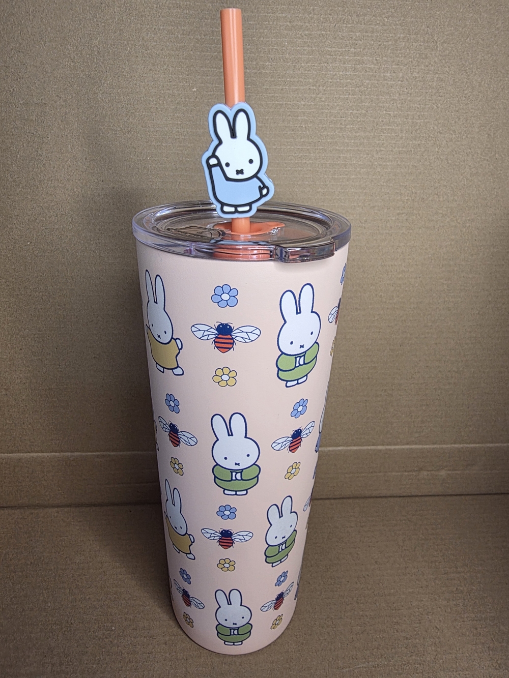 Peach Cream Color Miffy Bee Print Tumbler with Straw and Topper